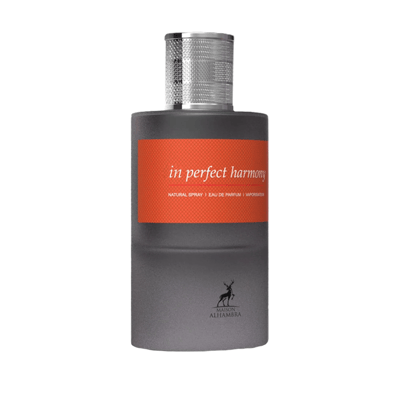 Maison Alhambra In Perfect Harmony 60ml EDP — A grey box and a grey perfume bottle with an orange label featuring the text 'in perfect harmony' are shown against a white background. | Maison Alhambra In Perfect Harmony 60ml EDP — Kotak kelabu dan botol minyak wangi kelabu dengan label oren bertulis 'in perfect