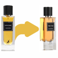 Maison Alhambra Winsome by Maison Alhambra 90ml EDP — A white box with black text and a deer logo sits next to a clear glass perfume bottle with yellow liquid and a black cap, displayed on a black and white tiered stand. | Maison Alhambra Winsome by Maison Alhambra 90ml EDP — Kotak putih dengan teks hitam dan logo