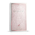 Maison Alhambra La Vivacite by Maison Alhambra 100ml EDP — A perfume box with a pink glitter design and a glass perfume bottle with golden liquid and a pink ribbon accent, displayed on a white background. | Maison Alhambra La Vivacite by Maison Alhambra 100ml EDP — Kotak minyak wangi dengan rekaan kilauan merah jambu
