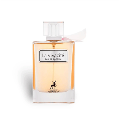 Maison Alhambra La Vivacite by Maison Alhambra 100ml EDP — A perfume box with a pink glitter design and a glass perfume bottle with golden liquid and a pink ribbon accent, displayed on a white background. | Maison Alhambra La Vivacite by Maison Alhambra 100ml EDP — Kotak minyak wangi dengan rekaan kilauan merah jambu