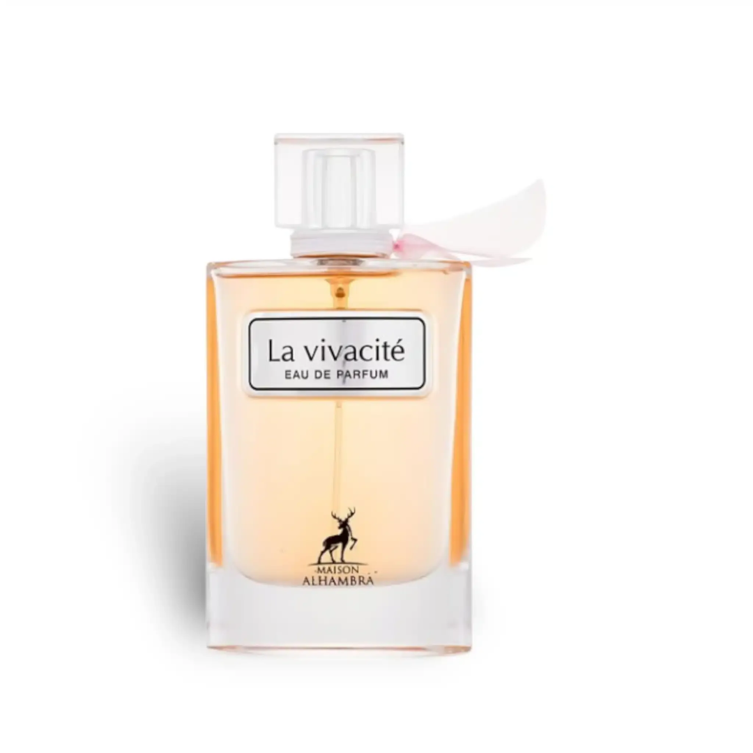 Maison Alhambra La Vivacite by Maison Alhambra 100ml EDP — A perfume box with a pink glitter design and a glass perfume bottle with golden liquid and a pink ribbon accent, displayed on a white background. | Maison Alhambra La Vivacite by Maison Alhambra 100ml EDP — Kotak minyak wangi dengan rekaan kilauan merah jambu