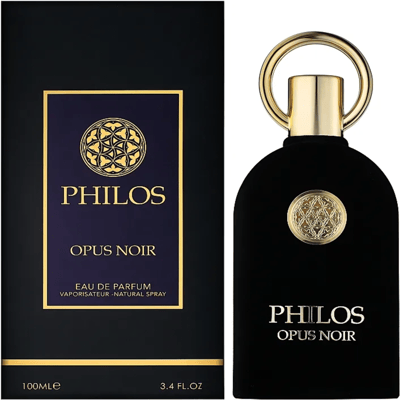 Maison Alhambra Philos Opus Noir by Maison Alhambra 100ml EDP — A black perfume bottle with a gold ring cap and a circular gold emblem on the front, next to its matching black and gold box with the same emblem and text. | Maison Alhambra Philos Opus Noir by Maison Alhambra 100ml EDP — Botol minyak wangi hitam dengan