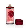 Maison Alhambra Camille by Maison Alhambra 100ml EDP — A clear glass perfume bottle with a rose-shaped maroon cap and a maroon rose design on the front, next to its matching maroon box with gold accents and text. | Maison Alhambra Camille by Maison Alhambra 100ml EDP — Botol minyak wangi kaca jernih dengan penutup