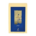 Maison Alhambra Minerale Gold by Maison Alhambra 100ml EDP — A gold-colored perfume bottle and its matching yellow and blue box are displayed side-by-side against a white background. | Maison Alhambra Minerale Gold by Maison Alhambra 100ml EDP — Botol minyak wangi berwarna emas dan kotak padanannya yang berwarna