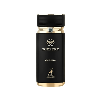Maison Alhambra Sceptre Oceana — Black perfume bottle with gold accents and a blue, marbled box with gold trim, featuring a deer logo. | Maison Alhambra Sceptre Oceana — Botol minyak wangi hitam dengan aksen emas dan kotak biru berjalak emas, menampilkan logo rusa.