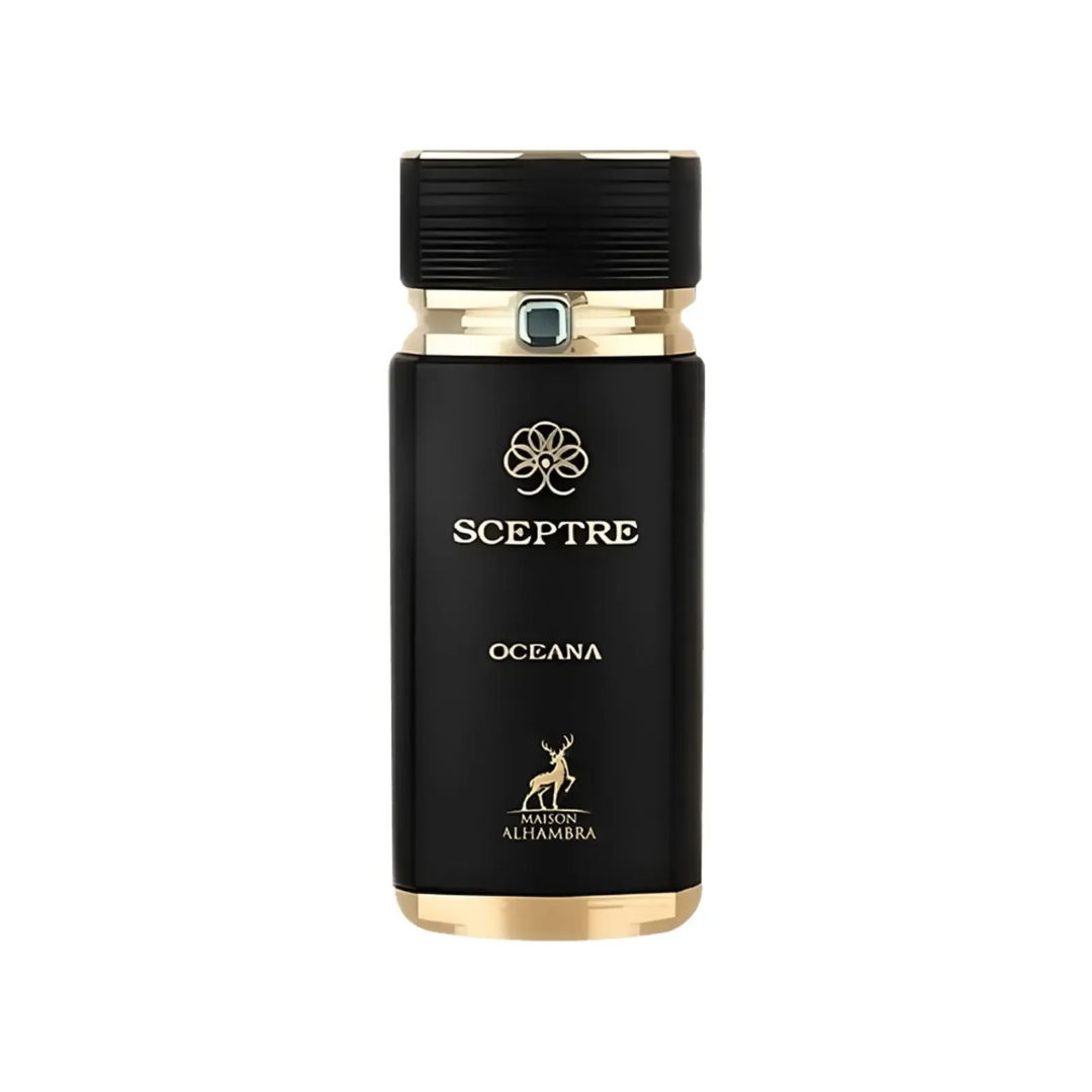 Maison Alhambra Sceptre Oceana — Black perfume bottle with gold accents and a blue, marbled box with gold trim, featuring a deer logo. | Maison Alhambra Sceptre Oceana — Botol minyak wangi hitam dengan aksen emas dan kotak biru berjalak emas, menampilkan logo rusa.