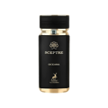 Maison Alhambra Sceptre Oceana — Black perfume bottle with gold accents and a blue, marbled box with gold trim, featuring a deer logo. | Maison Alhambra Sceptre Oceana — Botol minyak wangi hitam dengan aksen emas dan kotak biru berjalak emas, menampilkan logo rusa.