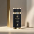 Maison Alhambra Sceptre Oceana — Black perfume bottle with gold accents and a blue, marbled box with gold trim, featuring a deer logo. | Maison Alhambra Sceptre Oceana — Botol minyak wangi hitam dengan aksen emas dan kotak biru berjalak emas, menampilkan logo rusa.