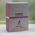 Maison Alhambra Chants Tenderina by Maison Alhambra 100ml EDP — A clear glass perfume bottle with a faceted cap sits next to its pink and white box, both featuring a deer logo and text. | Maison Alhambra Chants Tenderina by Maison Alhambra 100ml EDP — Botol minyak wangi kaca jernih dengan penutup berfacets terletak di