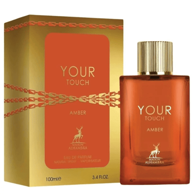 Maison Alhambra Your Touch Amber by Maison Alhambra 100ml — A rectangular amber glass perfume bottle with a gold ribbed cap sits next to its matching gold and orange box, which features a zipper-like design. | Maison Alhambra Your Touch Amber by Maison Alhambra 100ml — Botol kaca amber berbentuk segi empat dengan
