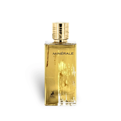 Maison Alhambra Minerale Gold by Maison Alhambra 100ml EDP — A gold-colored perfume bottle and its matching yellow and blue box are displayed side-by-side against a white background. | Maison Alhambra Minerale Gold by Maison Alhambra 100ml EDP — Botol minyak wangi berwarna emas dan kotak padanannya yang berwarna