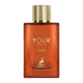 Maison Alhambra Your Touch Amber by Maison Alhambra 100ml — A rectangular amber glass perfume bottle with a gold ribbed cap sits next to its matching gold and orange box, which features a zipper-like design. | Maison Alhambra Your Touch Amber by Maison Alhambra 100ml — Botol kaca amber berbentuk segi empat dengan