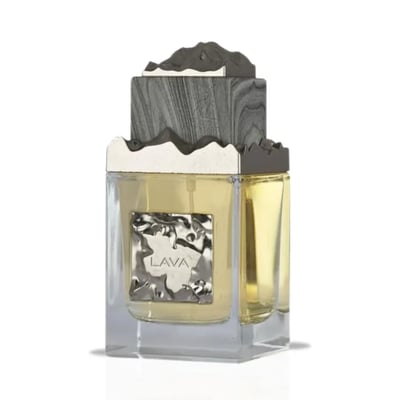 Maison Alhambra Lava by Maison Alhambra 100ml EDP — A clear glass perfume bottle with a textured grey cap and a metallic silver label featuring the word "LAVA" sits next to its white textured box with "LAVA" printed on it. | Maison Alhambra Lava by Maison Alhambra 100ml EDP — Botol minyak wangi kaca jernih dengan