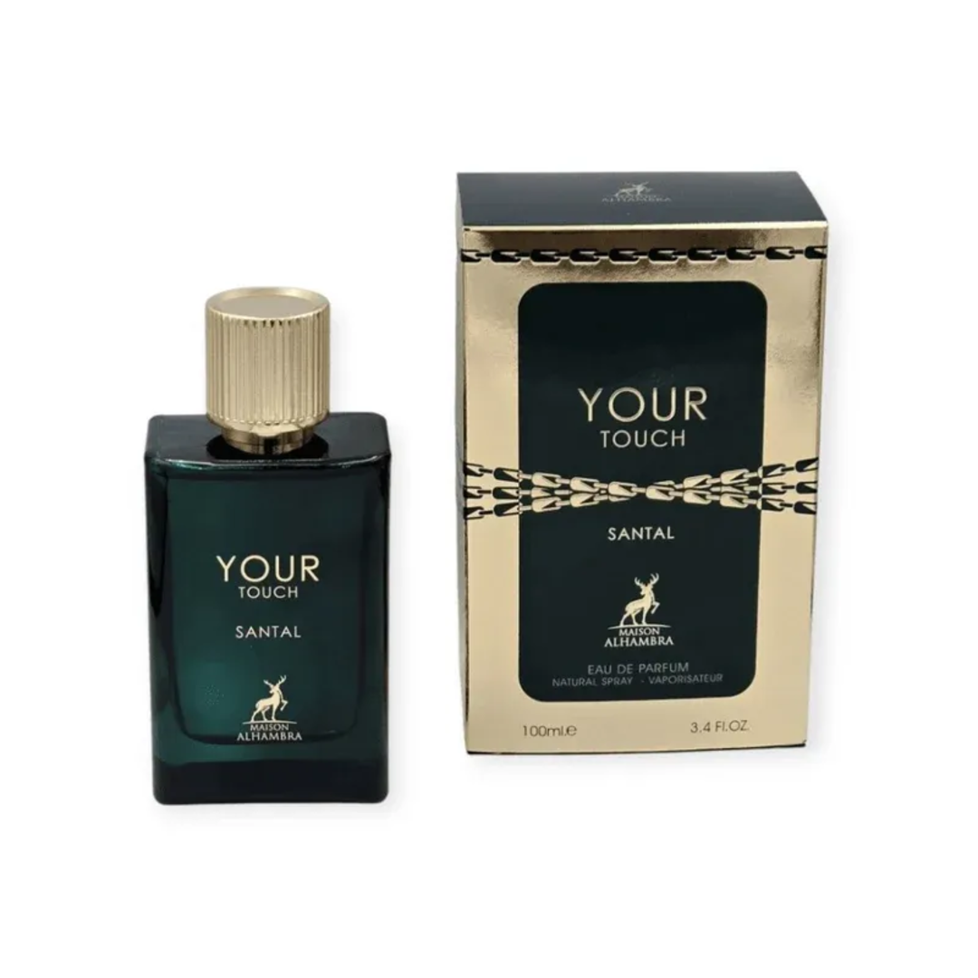 Maison Alhambra Your Touch Santal by Maison Alhambra 100ml EDP — A dark teal glass perfume bottle with a gold cap stands next to its matching box, both featuring gold chain-like designs and a deer logo. | Maison Alhambra Your Touch Santal by Maison Alhambra 100ml EDP — Botol kaca teal gelap dengan penutup emas berdiri