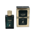 Maison Alhambra Your Touch Santal by Maison Alhambra 100ml EDP — A dark teal glass perfume bottle with a gold cap stands next to its matching box, both featuring gold chain-like designs and a deer logo. | Maison Alhambra Your Touch Santal by Maison Alhambra 100ml EDP — Botol kaca teal gelap dengan penutup emas berdiri
