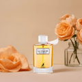 Maison Alhambra La Vivacite by Maison Alhambra 100ml EDP — A perfume box with a pink glitter design and a glass perfume bottle with golden liquid and a pink ribbon accent, displayed on a white background. | Maison Alhambra La Vivacite by Maison Alhambra 100ml EDP — Kotak minyak wangi dengan rekaan kilauan merah jambu