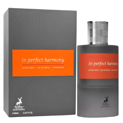 Maison Alhambra In Perfect Harmony 60ml EDP — A grey box and a grey perfume bottle with an orange label featuring the text 'in perfect harmony' are shown against a white background. | Maison Alhambra In Perfect Harmony 60ml EDP — Kotak kelabu dan botol minyak wangi kelabu dengan label oren bertulis 'in perfect