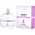 Maison Alhambra Chants Tenderina by Maison Alhambra 100ml EDP — A clear glass perfume bottle with a faceted cap sits next to its pink and white box, both featuring a deer logo and text. | Maison Alhambra Chants Tenderina by Maison Alhambra 100ml EDP — Botol minyak wangi kaca jernih dengan penutup berfacets terletak di