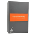 Maison Alhambra In Perfect Harmony 60ml EDP — A grey box and a grey perfume bottle with an orange label featuring the text 'in perfect harmony' are shown against a white background. | Maison Alhambra In Perfect Harmony 60ml EDP — Kotak kelabu dan botol minyak wangi kelabu dengan label oren bertulis 'in perfect