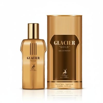 Maison Alhambra Glacier Gold by Maison Alhambra 100ml EDP — Amber glass bottle with a silver cap next to its amber cylindrical case | Maison Alhambra Glacier Gold by Maison Alhambra 100ml EDP — Botol kaca berwarna ambar dengan penutup perak di sebelah bekas silindernya yang berwarna ambar