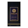 Maison Alhambra Philos Opus Noir by Maison Alhambra 100ml EDP — A black perfume bottle with a gold ring cap and a circular gold emblem on the front, next to its matching black and gold box with the same emblem and text. | Maison Alhambra Philos Opus Noir by Maison Alhambra 100ml EDP — Botol minyak wangi hitam dengan