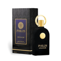 Maison Alhambra Philos Opus Noir by Maison Alhambra 100ml EDP — A black perfume bottle with a gold ring cap and a circular gold emblem on the front, next to its matching black and gold box with the same emblem and text. | Maison Alhambra Philos Opus Noir by Maison Alhambra 100ml EDP — Botol minyak wangi hitam dengan