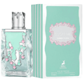 Maison Alhambra Sugar Me Candy Floss — A clear glass perfume bottle with a mint green liquid and a decorative silver and pink candy floss design, next to its matching mint green box with the same design. | Maison Alhambra Sugar Me Candy Floss — Botol kaca jernih dengan cecair hijau pudina dan reka bentuk gula-gula