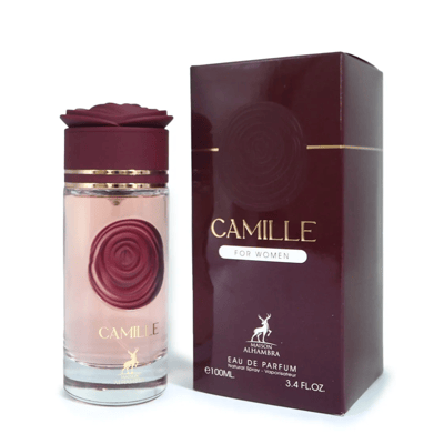 Maison Alhambra Camille by Maison Alhambra 100ml EDP — A clear glass perfume bottle with a rose-shaped maroon cap and a maroon rose design on the front, next to its matching maroon box with gold accents and text. | Maison Alhambra Camille by Maison Alhambra 100ml EDP — Botol minyak wangi kaca jernih dengan penutup
