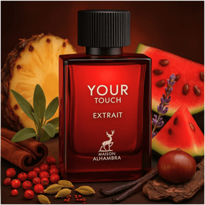 Maison Alhambra Your Touch Extrait — Red and black packaging with a chain design, next to a red glass perfume bottle with a black cap. | Pembungkusan merah dan hitam dengan rekaan rantai, bersebelahan botol minyak wangi kaca merah dengan penutup hitam.
