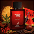 Maison Alhambra Your Touch Extrait — Red and black packaging with a chain design, next to a red glass perfume bottle with a black cap. | Pembungkusan merah dan hitam dengan rekaan rantai, bersebelahan botol minyak wangi kaca merah dengan penutup hitam.