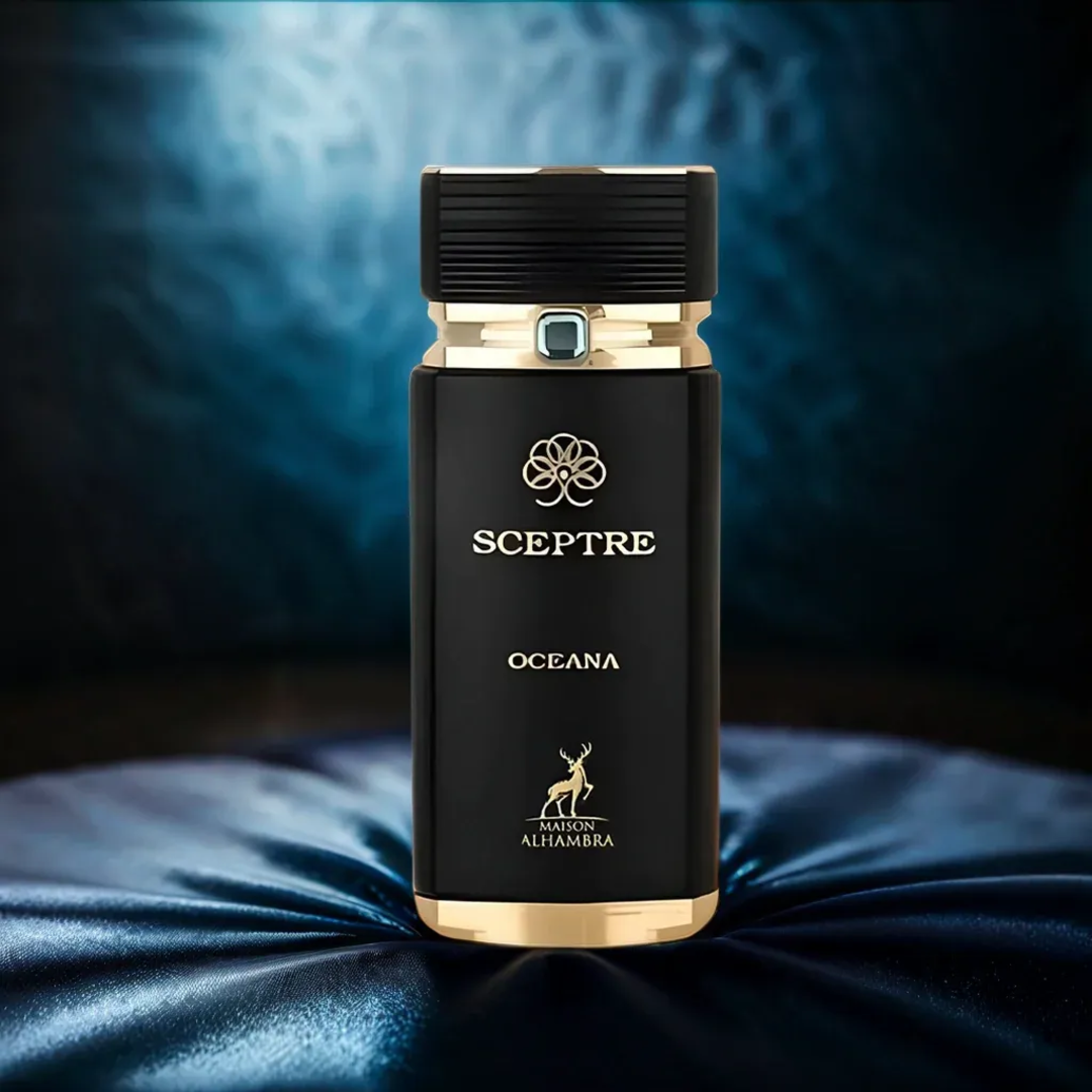 Maison Alhambra Sceptre Oceana — Black perfume bottle with gold accents and a blue, marbled box with gold trim, featuring a deer logo. | Maison Alhambra Sceptre Oceana — Botol minyak wangi hitam dengan aksen emas dan kotak biru berjalak emas, menampilkan logo rusa.