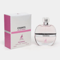 Maison Alhambra Chants Tenderina by Maison Alhambra 100ml EDP — A clear glass perfume bottle with a faceted cap sits next to its pink and white box, both featuring a deer logo and text. | Maison Alhambra Chants Tenderina by Maison Alhambra 100ml EDP — Botol minyak wangi kaca jernih dengan penutup berfacets terletak di