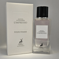 Maison Alhambra L'Impressio Pour Femme — White perfume box and clear glass bottle with black cap, featuring a deer logo and text. | Kotak pewangi putih dan botol kaca jernih bertutup hitam, menampilkan logo rusa dan teks.