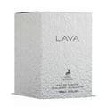 Maison Alhambra Lava by Maison Alhambra 100ml EDP — A clear glass perfume bottle with a textured grey cap and a metallic silver label featuring the word "LAVA" sits next to its white textured box with "LAVA" printed on it. | Maison Alhambra Lava by Maison Alhambra 100ml EDP — Botol minyak wangi kaca jernih dengan