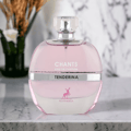Maison Alhambra Chants Tenderina by Maison Alhambra 100ml EDP — A clear glass perfume bottle with a faceted cap sits next to its pink and white box, both featuring a deer logo and text. | Maison Alhambra Chants Tenderina by Maison Alhambra 100ml EDP — Botol minyak wangi kaca jernih dengan penutup berfacets terletak di