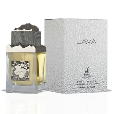 Maison Alhambra Lava by Maison Alhambra 100ml EDP — A clear glass perfume bottle with a textured grey cap and a metallic silver label featuring the word "LAVA" sits next to its white textured box with "LAVA" printed on it. | Maison Alhambra Lava by Maison Alhambra 100ml EDP — Botol minyak wangi kaca jernih dengan