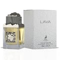 Maison Alhambra Lava by Maison Alhambra 100ml EDP — A clear glass perfume bottle with a textured grey cap and a metallic silver label featuring the word "LAVA" sits next to its white textured box with "LAVA" printed on it. | Maison Alhambra Lava by Maison Alhambra 100ml EDP — Botol minyak wangi kaca jernih dengan