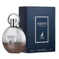 Maison Alhambra Aquilo Pour Homme — A silver, round perfume bottle with a metallic cap and a dark blue box with a deer logo and text | Maison Alhambra Aquilo Pour Homme — Botol minyak wangi bulat berwarna perak dengan penutup logam dan kotak biru gelap dengan logo rusa dan teks