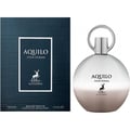 Maison Alhambra Aquilo Pour Homme — A dark blue textured box is shown next to a round, silver and gradient brown perfume bottle with a silver ring cap. | Maison Alhambra Aquilo Pour Homme — Kotak biru gelap bertekstur ditunjukkan di sebelah botol minyak wangi bulat, perak dan coklat gradien dengan penutup cincin perak.