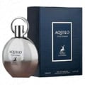 Maison Alhambra Aquilo Pour Homme Maison Alhambra 100 ml EDP — A silver, spherical perfume bottle with a metallic cap sits next to its dark blue rectangular box, both displaying the 'Aquilo Pour Homme' label and a deer logo. | Maison Alhambra Aquilo Pour Homme Maison Alhambra 100 ml EDP — Botol minyak wangi sfera