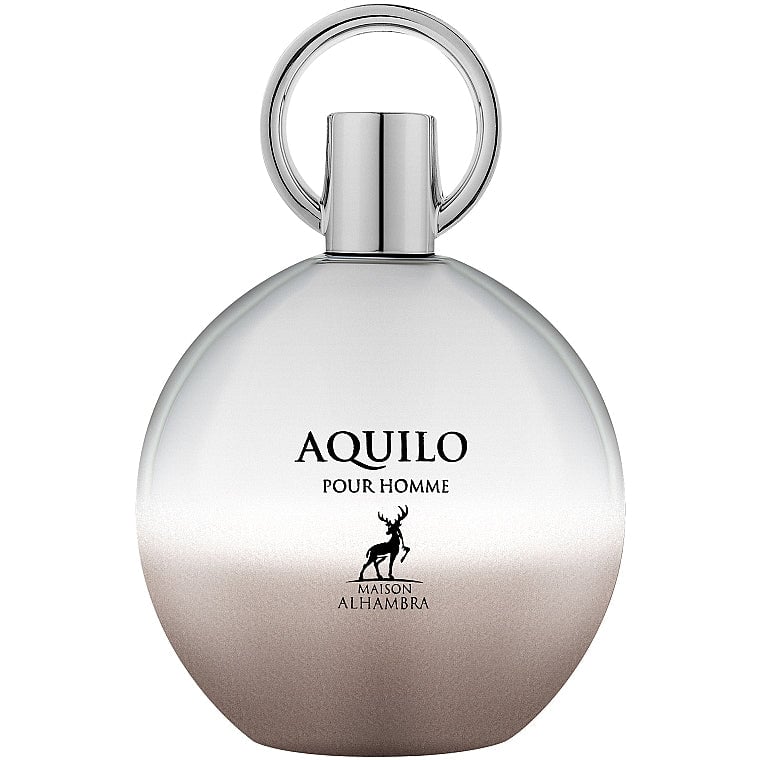 Maison Alhambra Aquilo Pour Homme — Round silver and gradient bottle with a silver ring cap and a deer silhouette logo | Maison Alhambra Aquilo Pour Homme — Botol perak bulat dan gradien dengan penutup cincin perak dan logo siluet rusa