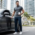 Maison Alhambra Alpine Homme Sport By Maison Alhambra Men 100ml — Man in grey polo and navy pants holding a perfume bottle next to a car door | Maison Alhambra Alpine Homme Sport By Maison Alhambra Men 100ml — Lelaki berbaju polo kelabu dan seluar navy memegang botol minyak wangi di sebelah pintu kereta