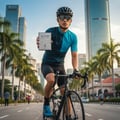 Maison Alhambra Alpine Homme Sport By Maison Alhambra Men 100ml — A man in cycling gear holds up a perfume box while riding a bicycle on a city street with palm trees and skyscrapers | Maison Alhambra Alpine Homme Sport By Maison Alhambra Men 100ml — Seorang lelaki memakai kelengkapan berbasikal memegang kotak minyak