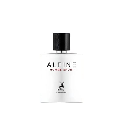 Maison Alhambra Alpine Homme Sport By Maison Alhambra Men 100ml — A white perfume bottle with a black cap, featuring the text "ALPINE HOMME SPORT" and a deer logo. | Maison Alhambra Alpine Homme Sport By Maison Alhambra Men 100ml — Botol minyak wangi putih dengan penutup hitam, menampilkan teks "ALPINE HOMME SPORT"