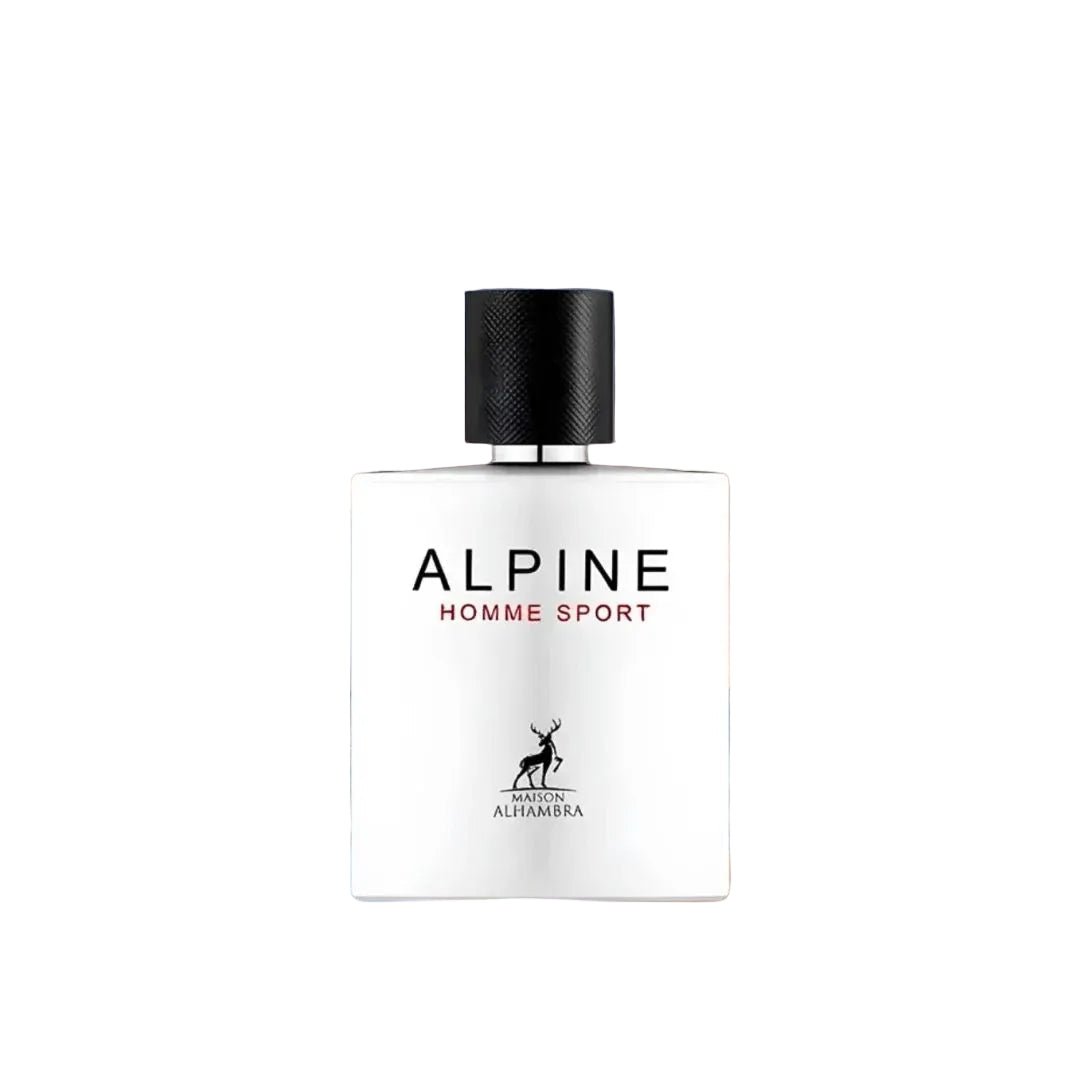 Maison Alhambra Alpine Homme Sport By Maison Alhambra Men 100ml — A white perfume bottle with a black cap, featuring the text "ALPINE HOMME SPORT" and a deer logo. | Maison Alhambra Alpine Homme Sport By Maison Alhambra Men 100ml — Botol minyak wangi putih dengan penutup hitam, menampilkan teks "ALPINE HOMME SPORT"