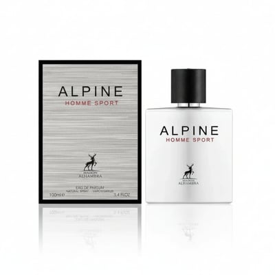 Maison Alhambra Alpine Homme Sport By Maison Alhambra Men 100ml — A white perfume bottle and its matching box are displayed side-by-side against a white background. | Maison Alhambra Alpine Homme Sport By Maison Alhambra Men 100ml — Sebotol minyak wangi putih dan kotaknya yang sepadan dipamerkan bersebelahan di atas