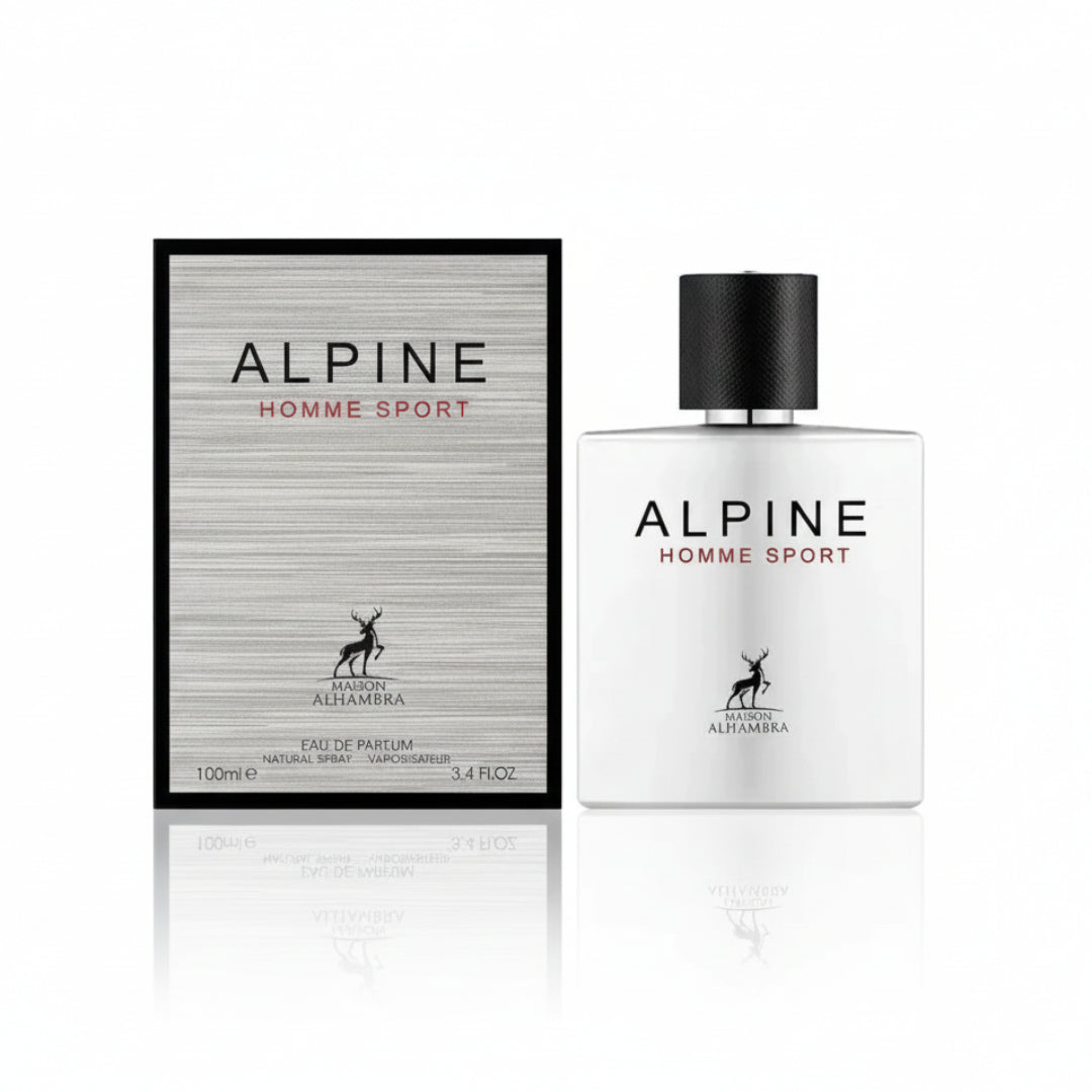 Maison Alhambra Alpine Homme Sport By Maison Alhambra Men 100ml — A white perfume bottle and its matching box are displayed side-by-side against a white background. | Maison Alhambra Alpine Homme Sport By Maison Alhambra Men 100ml — Sebotol minyak wangi putih dan kotaknya yang sepadan dipamerkan bersebelahan di atas