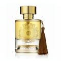 Maison Alhambra Anarch by Maison Alhambra 100ml EDP Women — A clear glass perfume bottle with a gold cap and a gold intricate design on the front, with a brown tassel hanging from the side. | Maison Alhambra Anarch by Maison Alhambra 100ml EDP Women — Botol minyak wangi kaca jernih dengan penutup emas dan reka bentuk