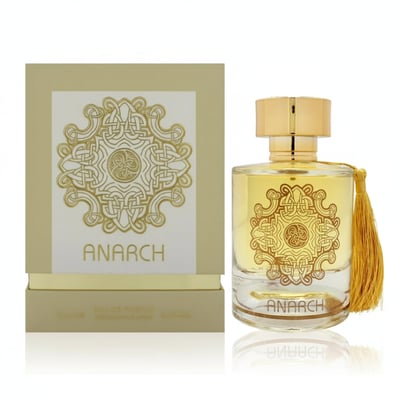 Maison Alhambra Anarch by Maison Alhambra 100ml EDP Women — A gold-embossed ornate circular design adorns the front of a beige box and a clear glass perfume bottle with a gold cap and a yellow tassel | Maison Alhambra Anarch by Maison Alhambra 100ml EDP Women — Reka bentuk bulat berhias emas menghiasi bahagian hadapan