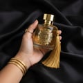 Maison Alhambra Anarch by Maison Alhambra 100ml EDP Women — A hand with gold jewelry holds a clear perfume bottle with a gold tassel and intricate gold design on a black satin background. | Maison Alhambra Anarch by Maison Alhambra 100ml EDP Women — Tangan dengan perhiasan emas memegang botol minyak wangi jernih